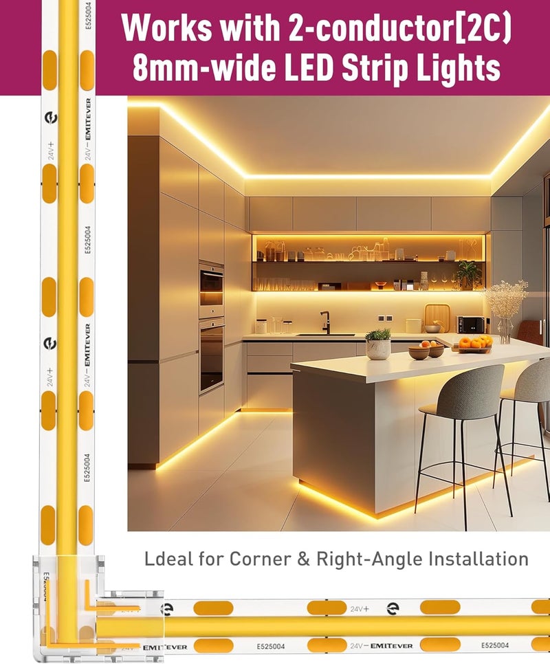 EMITEVER 8mm LED Strip Connectors 12pcs, Led Corner Connector L-Shaped Gapless Connection Solderless Transparent Tape Light Connectors for 2-Pin COB/SMD LED Strip Lights​ 5V 12V 24V 48V - Image 2